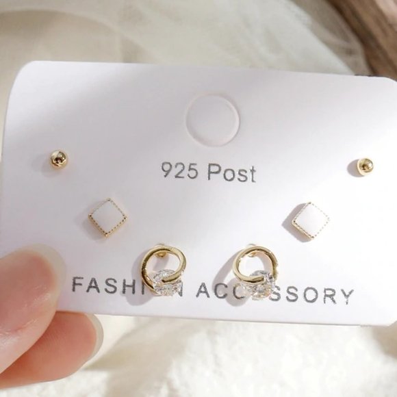 Jewelry - [3 Pairs] 925 Sterling Silver Diamond Earrings C